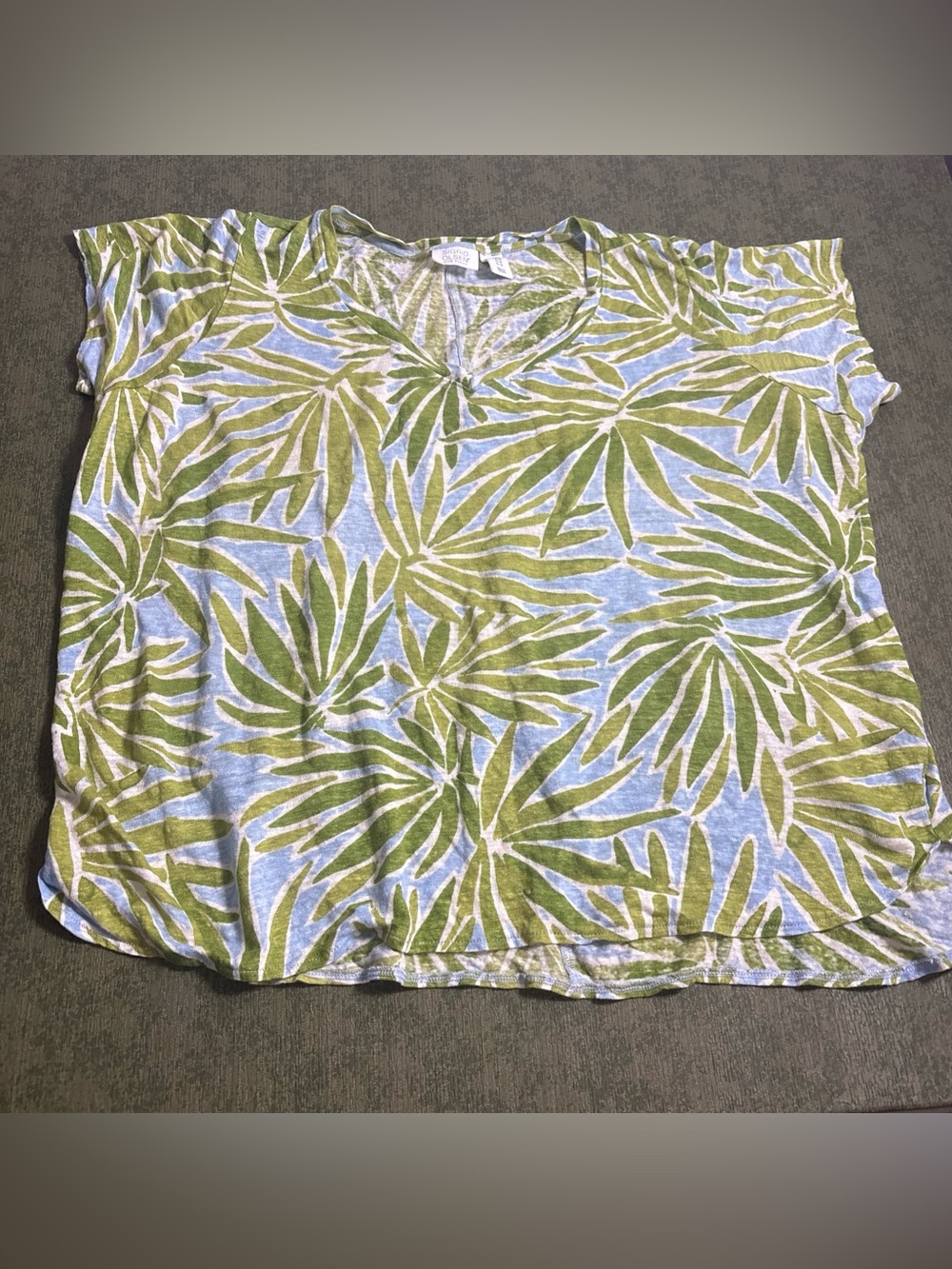 Sigrid Olsen Blue and Green Palm-Print Short Sleeve Top